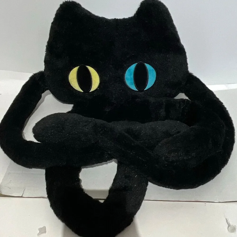 Black Cat Plush Scarf Long Paws Mismatched Eyes Yellow Blue Novelty Winter Wrap